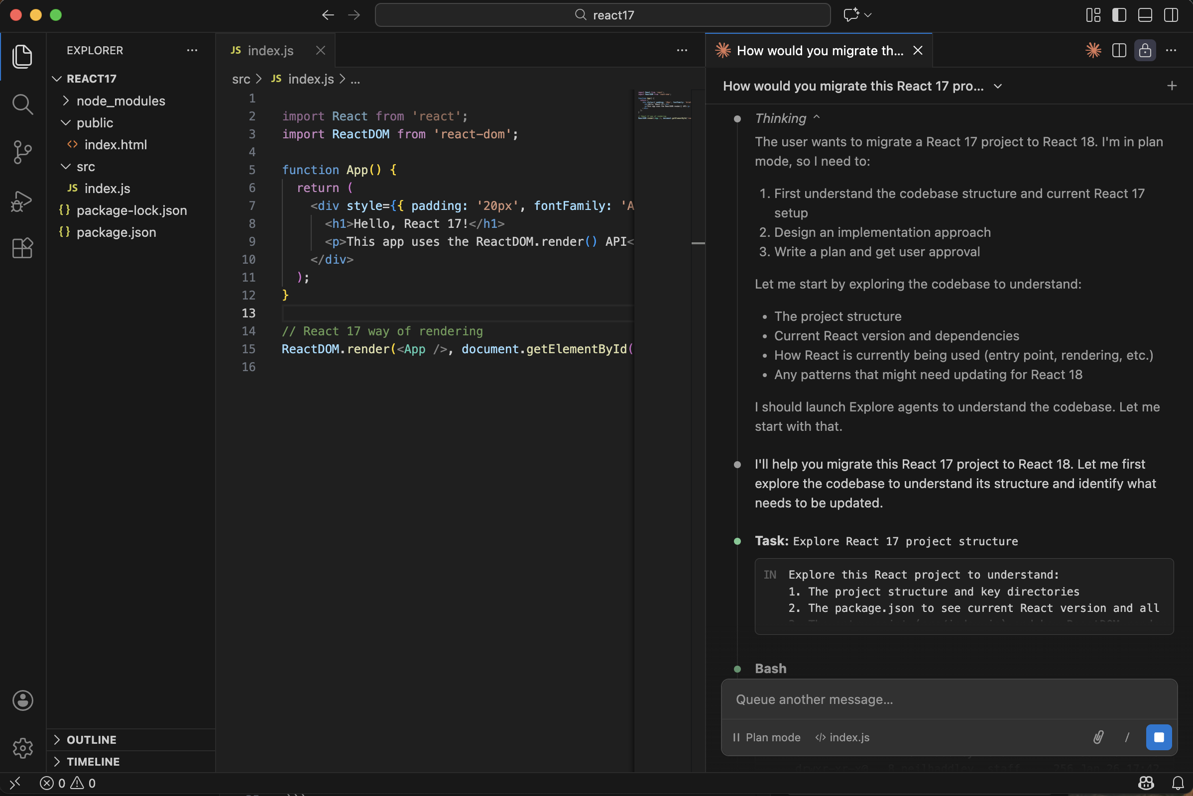 I'll help you migrate this React 17 project to React 18...